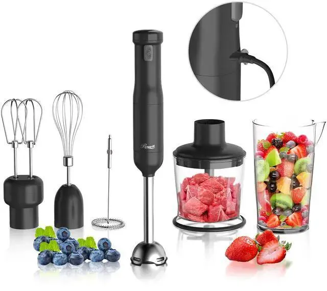 Rosewill 6-in-1 Multi-Speed Cordless Rechargeable Immersion Hand Blender, Heavy Duty Motor - Stick Blender, Beaker, Whisk, Chopper, Dual Beater, Milk Frother - For Smoothies, Baby Food, Soup - Black