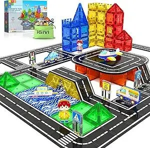 112PCS Magnetic Tiles Road Set with Vibrant Color & Ultra Magnet Strength, City Road Building Blocks Construction Toys for Toddlers Kids Ages 3-12, Creative Gifts STEM Toys for 3+ Years Old Boys Girls