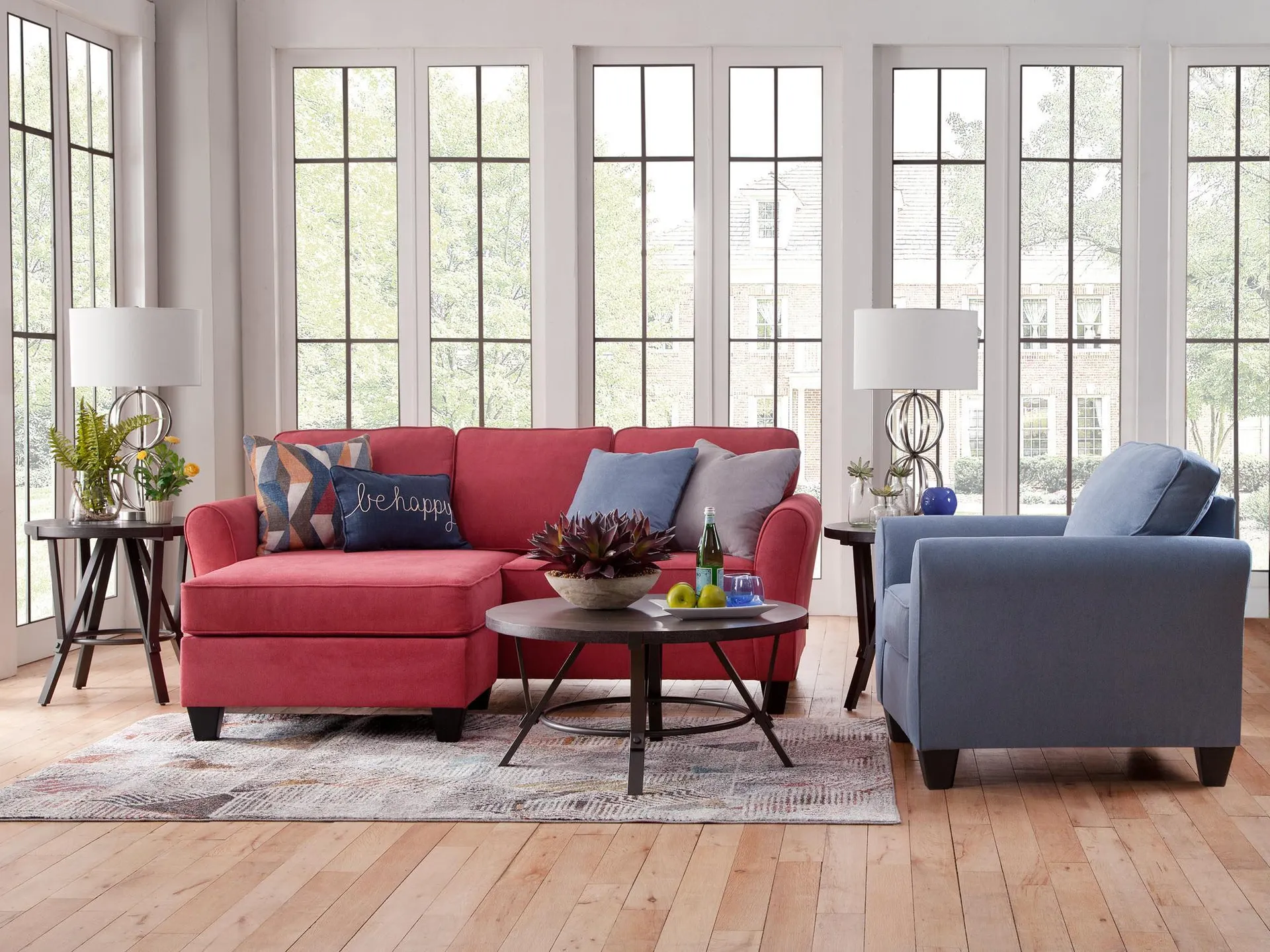 Kaylie Red Chaise Sofa with Blue Chair