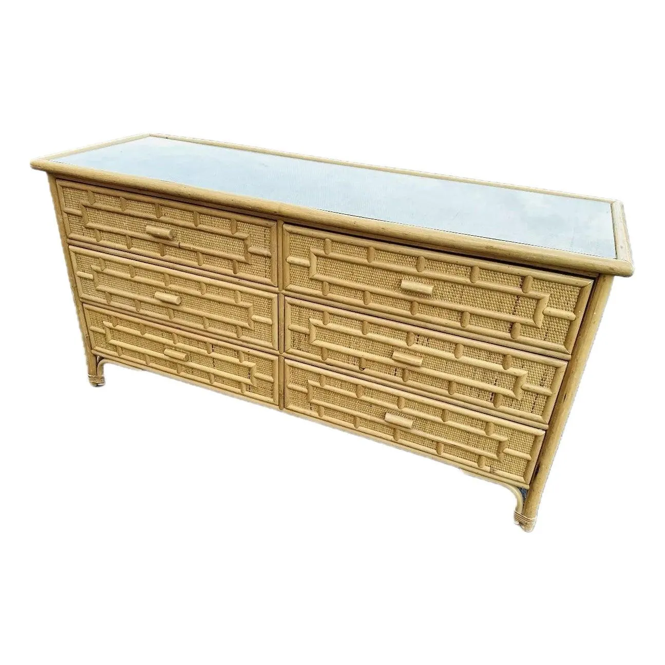 Vintage Organic Modern Restored Woven Rattan Dresser With Bamboo Trim Accents