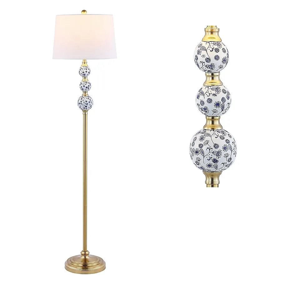 JONATHAN Y Tavira Iron Classic Mid-Century 62.5-in Brass Gold/Blue Stick Floor Lamp with Linen Shade