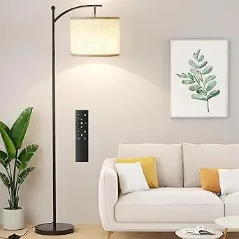 Ambimall 60" Floor Lamp with Remote Control and Stepless Dimmable Bulb, Colors Temperature & Brightness Adjustable, Modern Floor Lamps for Living Room（Beige Shade & Black Pole）