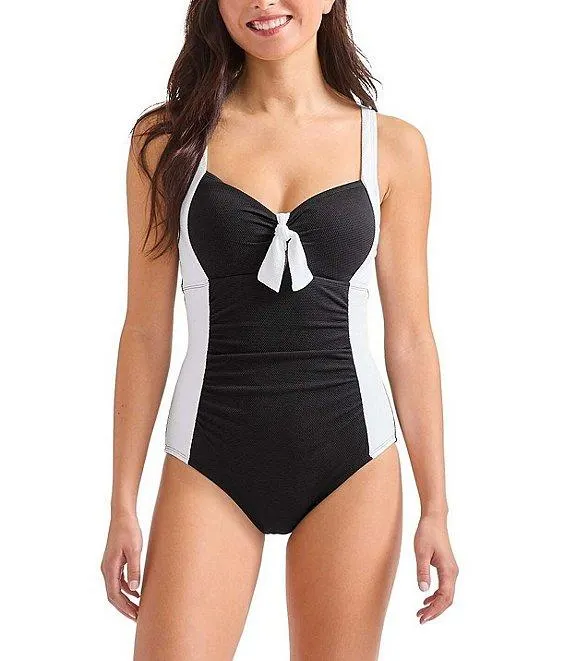 Island Cays Color Block Tie Front Tummy Control Tank One Piece Swimsuit