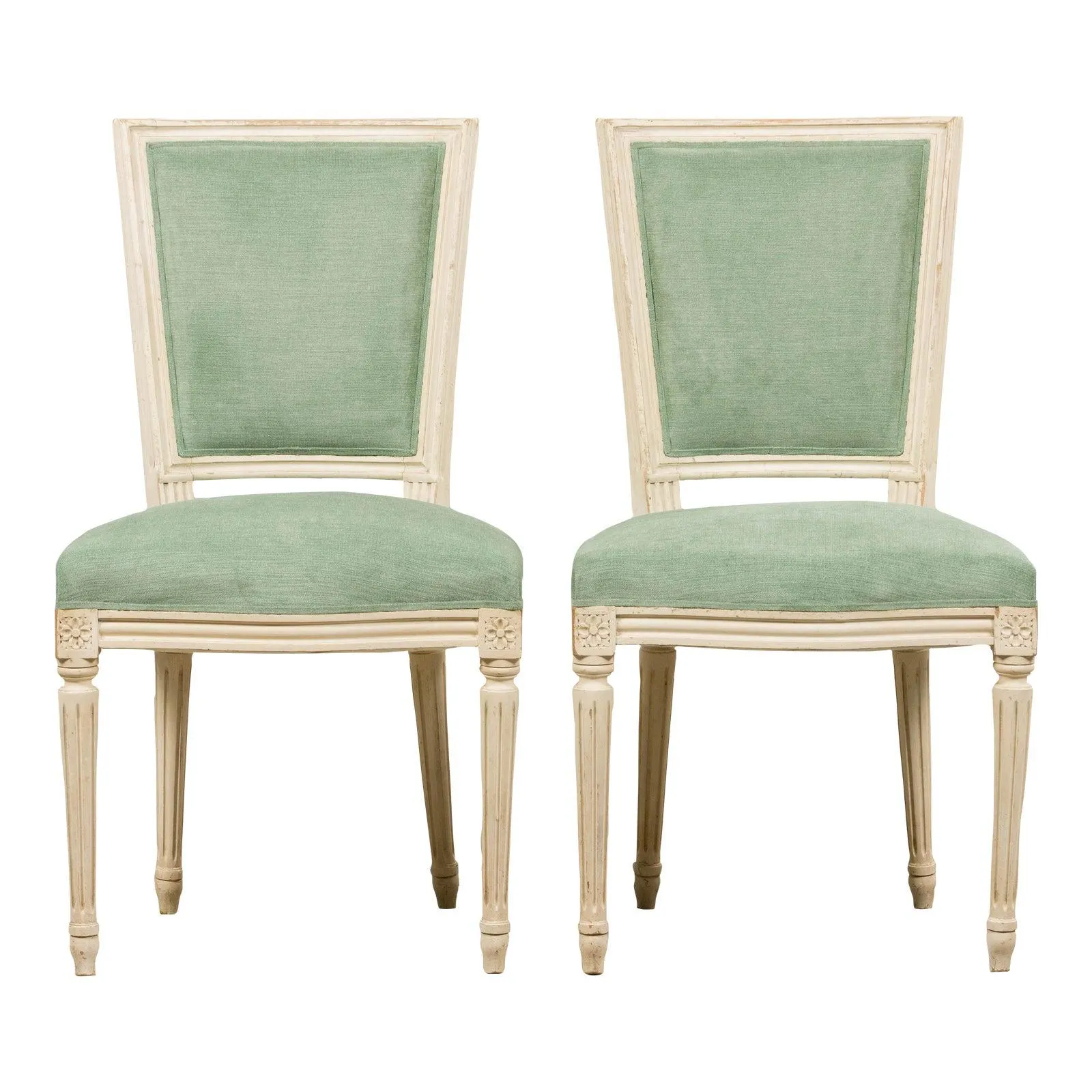 Pair of Antique French Louis XVI Style Painted Accent Side Chairs in Sea Green