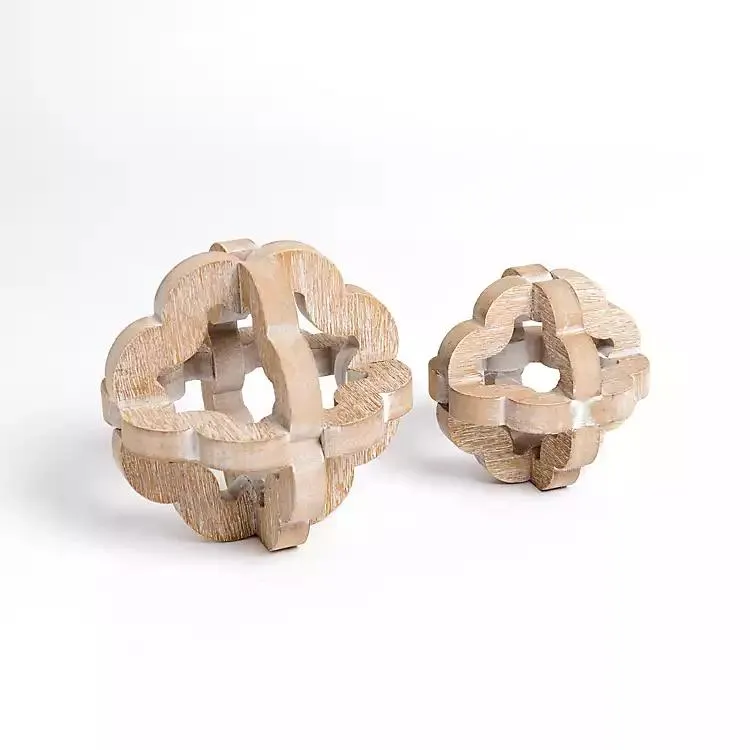 Whitewashed Wood Scalloped Spheres, Set of 2