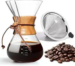 Pour Over Coffee Maker 27 OZ, 8 Cup Borosilicate Glass Drip Coffee Maker with Reusable Stainless Steel Filter and Cork Grip for Home Café 800 ML