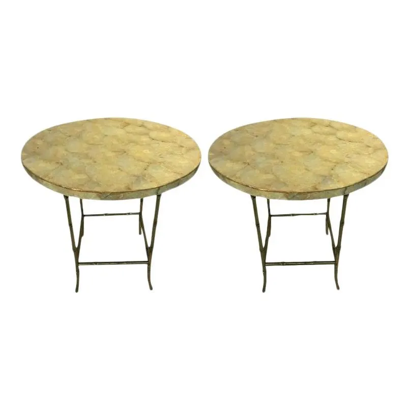 Maison Bagues Style Capiz Shell End Tables With Brass Bamboo Legs