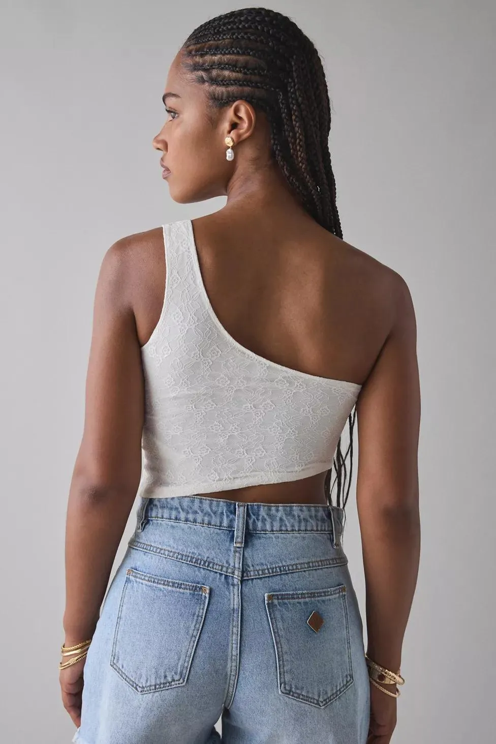 UO Harlow Lace Asymmetrical One-Shoulder Crop Top