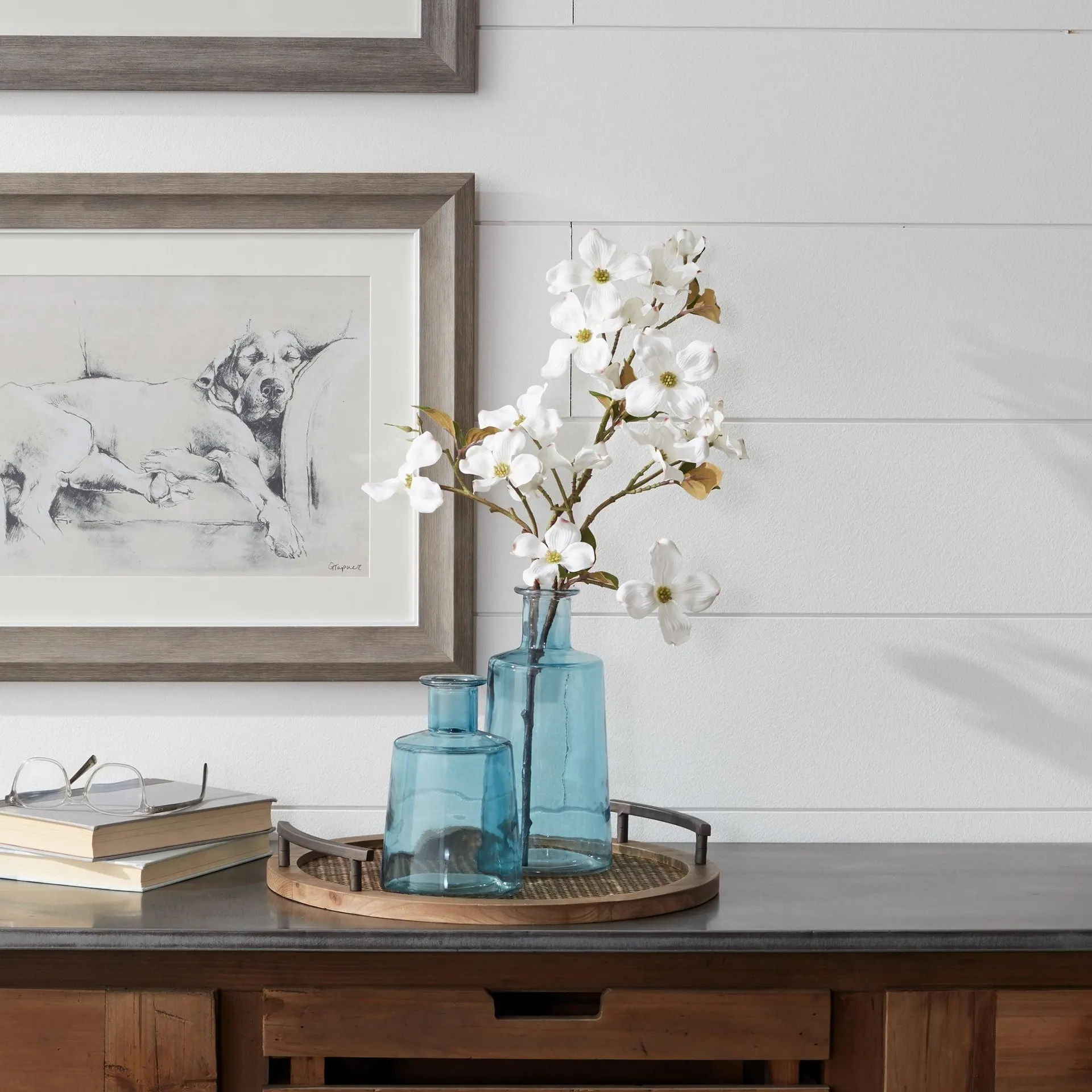 Blue Glass Tapered Bottle Vase, Set of 2