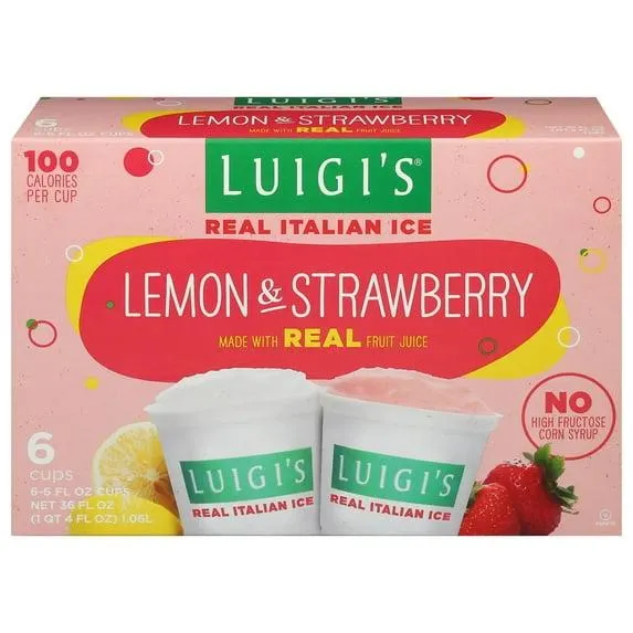 Luigi's Lemon & Strawberry Real Italian Ice, 6 fl oz, 6 Count, (Frozen)