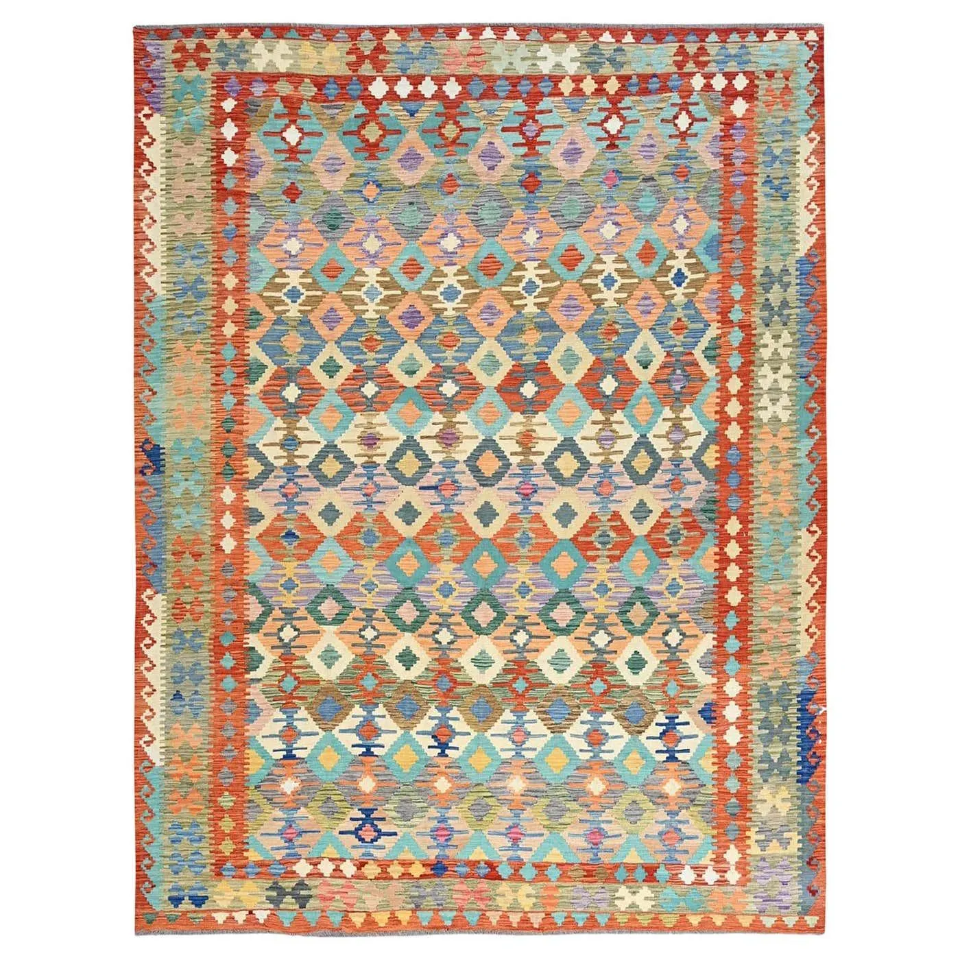 9'5"x12'6" Colorful Afghan Kilim Geometric Design Hand Woven Flat Weave Wool Rug