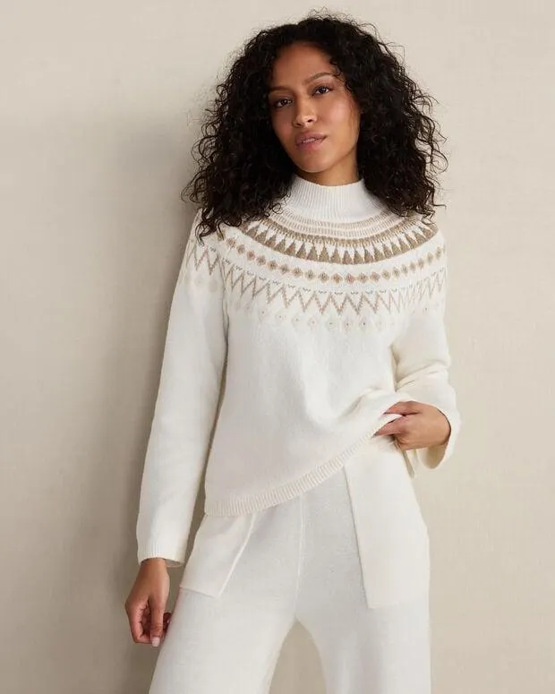 Organic Cotton Blend Fairisle Mock Neck Sweater