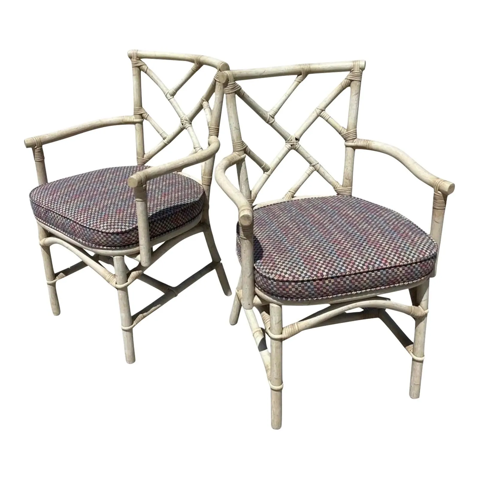 Ficks Reed Chinese Chippendale Brighton Fretwork Style Rattan Armchairs, a Pair