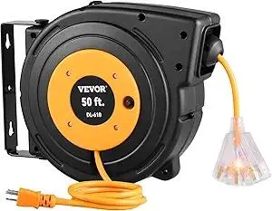 VEVOR Retractable Extension Cord Reel, 50 FT Heavy Duty 14AWG/3C SJTOW Power Cord with Lighted Triple Tap Outlet, 13 Amp Circuit Breaker, 180° Swivel Bracket for Ceiling or Wall Mount