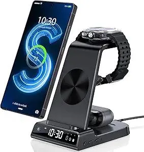Wireless Charger for Samsung Charging Station with Clock for Samsung Galaxy S25 Ultra/S24 Ultra/Z Fold 7/6/Flip7/Bud, 3 in 1 Android Charging Station, Watch Charger for Samsung Galaxy Watch 8/7/6/5Pro