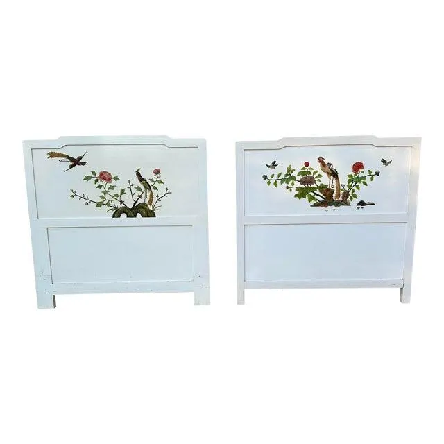 Mid 20th Century Vintage White Carved Stone Coromandel Twin Headboards - a Set