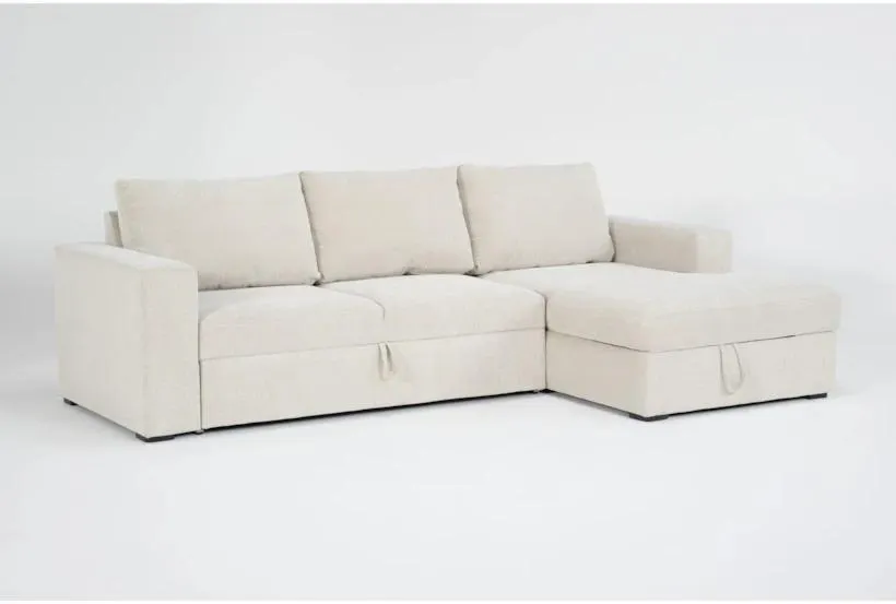 Sebastian Cream White Beige Fabric 111" 2 Piece Convertible Futon Sleeper Sectional with Right Arm Facing Storage Chaise | Track Arms