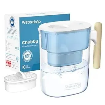 Waterdrop Water Filter Pitcher with 1 Filter, 200-Gallon Long-Life, Chubby 10-Cup Large Water Filter Pitcher, NSF Certified, 5X Times Lifetime, Reduces PFOA/PFOS, BPA Free, Blue