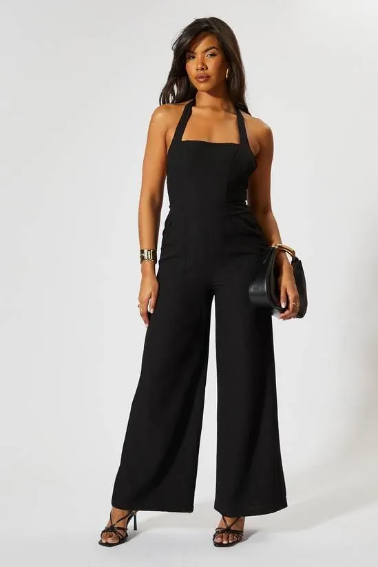 Linen Look Halter Neck Jumpsuit