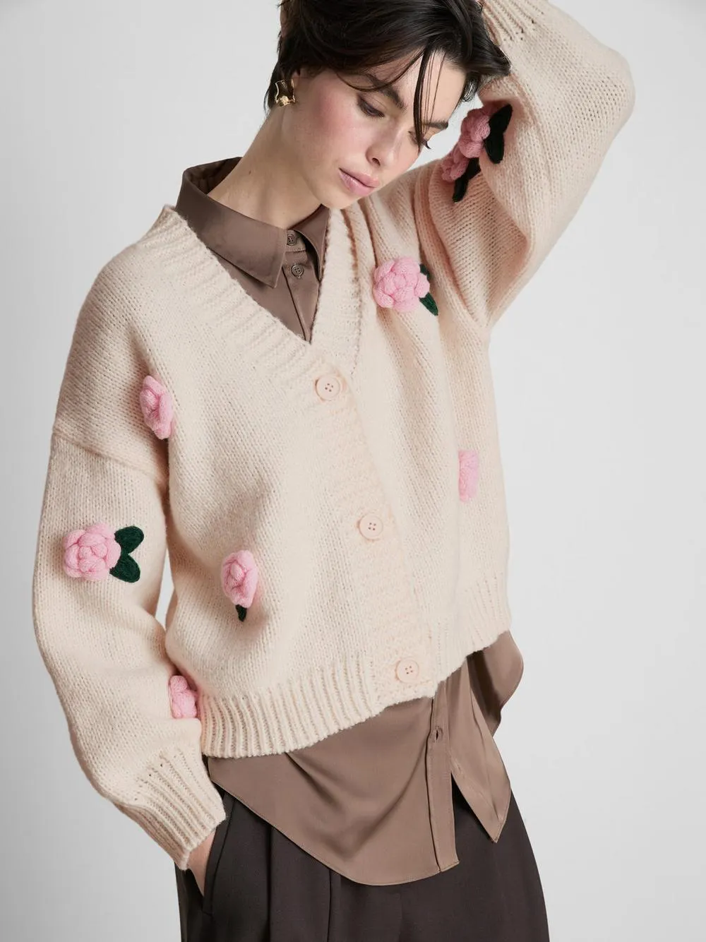 Embroidered 3D Floral Knit Cardigan