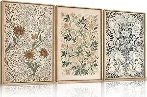 Large Abstract Vintage Flower Framed Canvas Wall Art,Antique Botanical Wall Decor,Neutral Bouquet Wall Painting,Aesthetic Floral Artwork for Living Room,Bedroom,Dining Room,Office -16"x24"x3