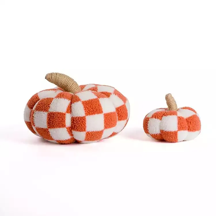 Orange Plush Checkered Pumpkins, Set of 2