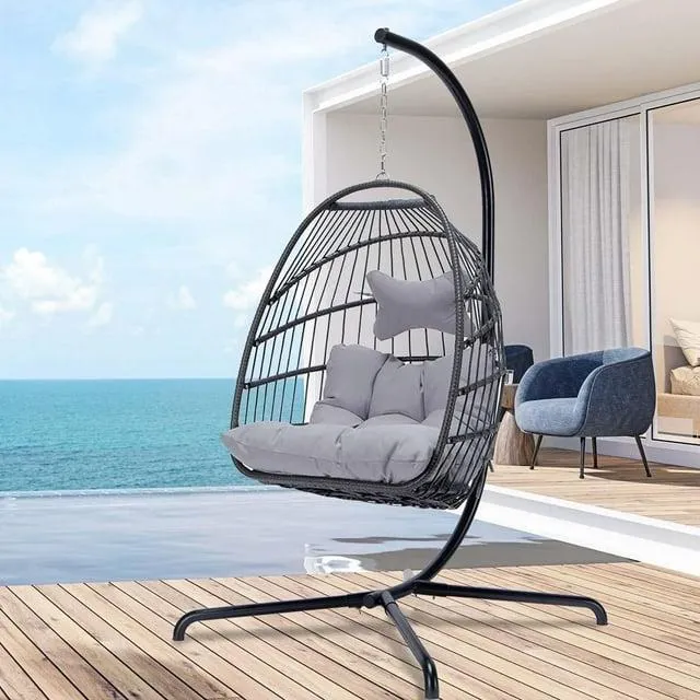 Nicesoul Rattan Swing Egg Chair Hanging Chair With Stand Grey Color 350 lbs Maximum Weight Foldable