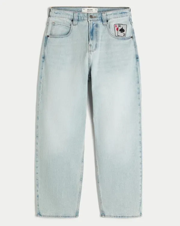 Light Wash Playing Card Graphic Skater Baggy Jeans