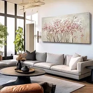 YJYart Home Decor Pink Blossom Hand Painted 30x60 Inch Colorful Wall Art Large Canvas Wall Art for Living Room Bedroom Office Kitchen