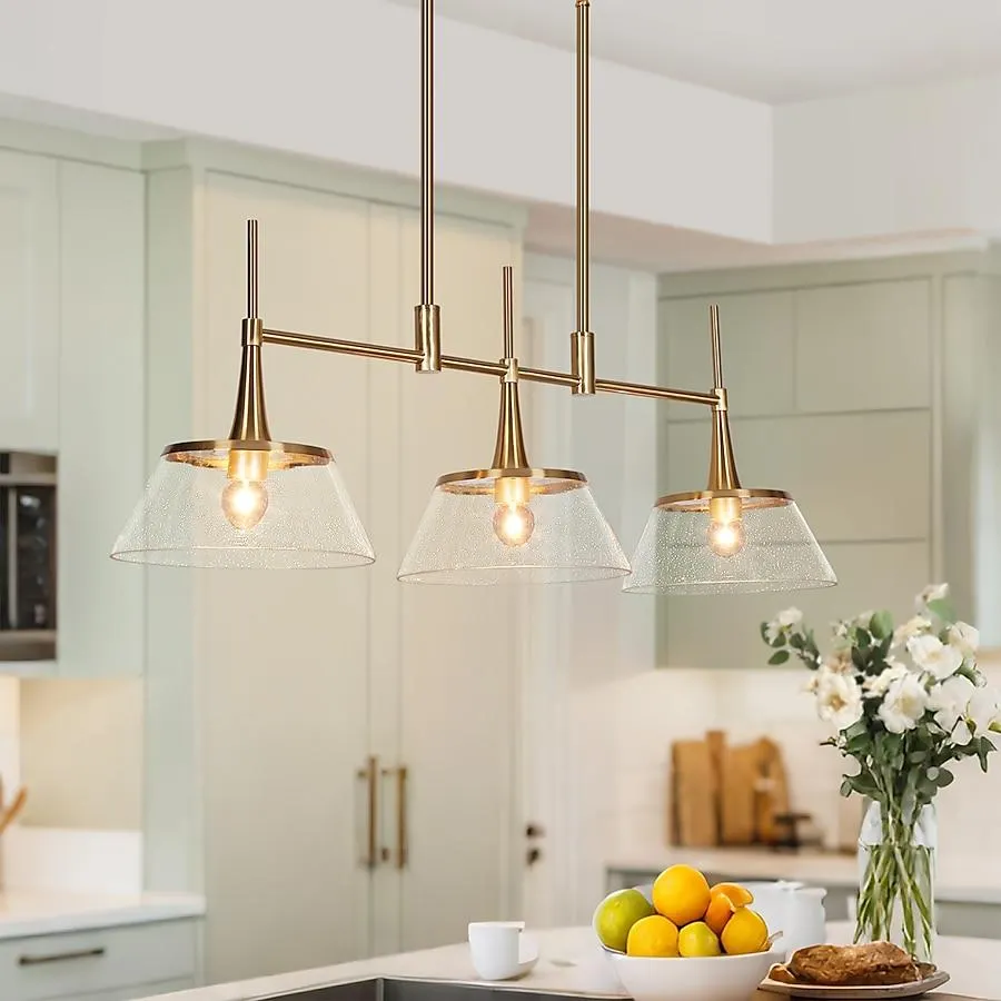 LNC Quoridan 34.5-in 3 -Light Polished Gold and Clear Seeded Glass Modern/contemporary Seeded glass Linear Large Hanging Kitchen island light