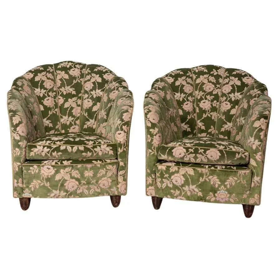Pair of 1950s vintage armchairs in floral fabric Italian design