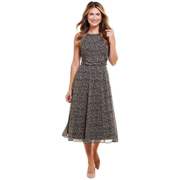 Womens Perceptions Sleeveless Ditsy Ruched Waist Midi Dress