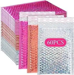 60 Pcs Bubble Mailers Holographic Bubble Mailers Opaque Padded Envelopes Self Seal Shipping Envelopes for Mailing, Packaging, Boutique, Thick Bubbles Padded Mailer - 5.9 x 7.87 Inch