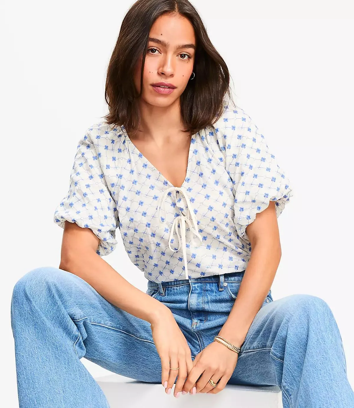 Floral Embroidered Bow Blouse