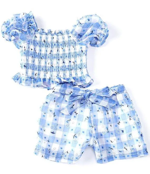 Baby Girls Puffed-Sleeve Gingham-Checked/Daisy-Embroidered Top & Matching Shorts Set