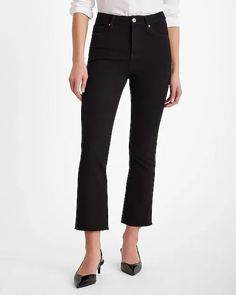 High Waisted Black Rinse Raw Hem FlexX Cropped Flare Jeans
