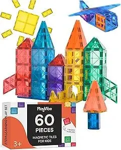 PLAYVIBE Magnetic Tiles 60 Pcs - 3D Magnet Toys for Kids 3+ - STEM Building Blocks - Toddler Learning Essential for Home & Classroom, Boys & Girls - Sensory Toys - Magnetic Blocks