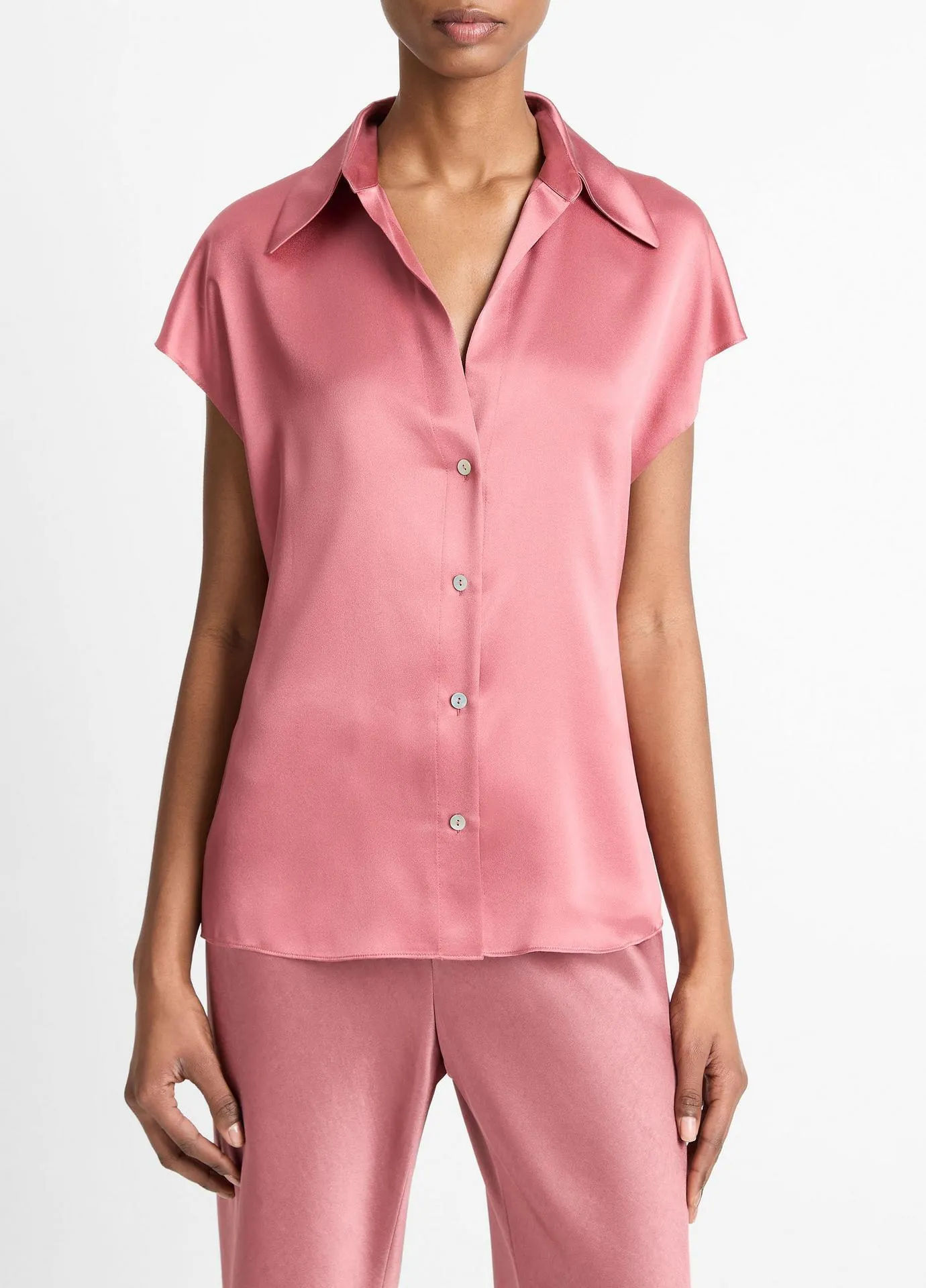 Silk Cap-Sleeve Ruched-Back Blouse