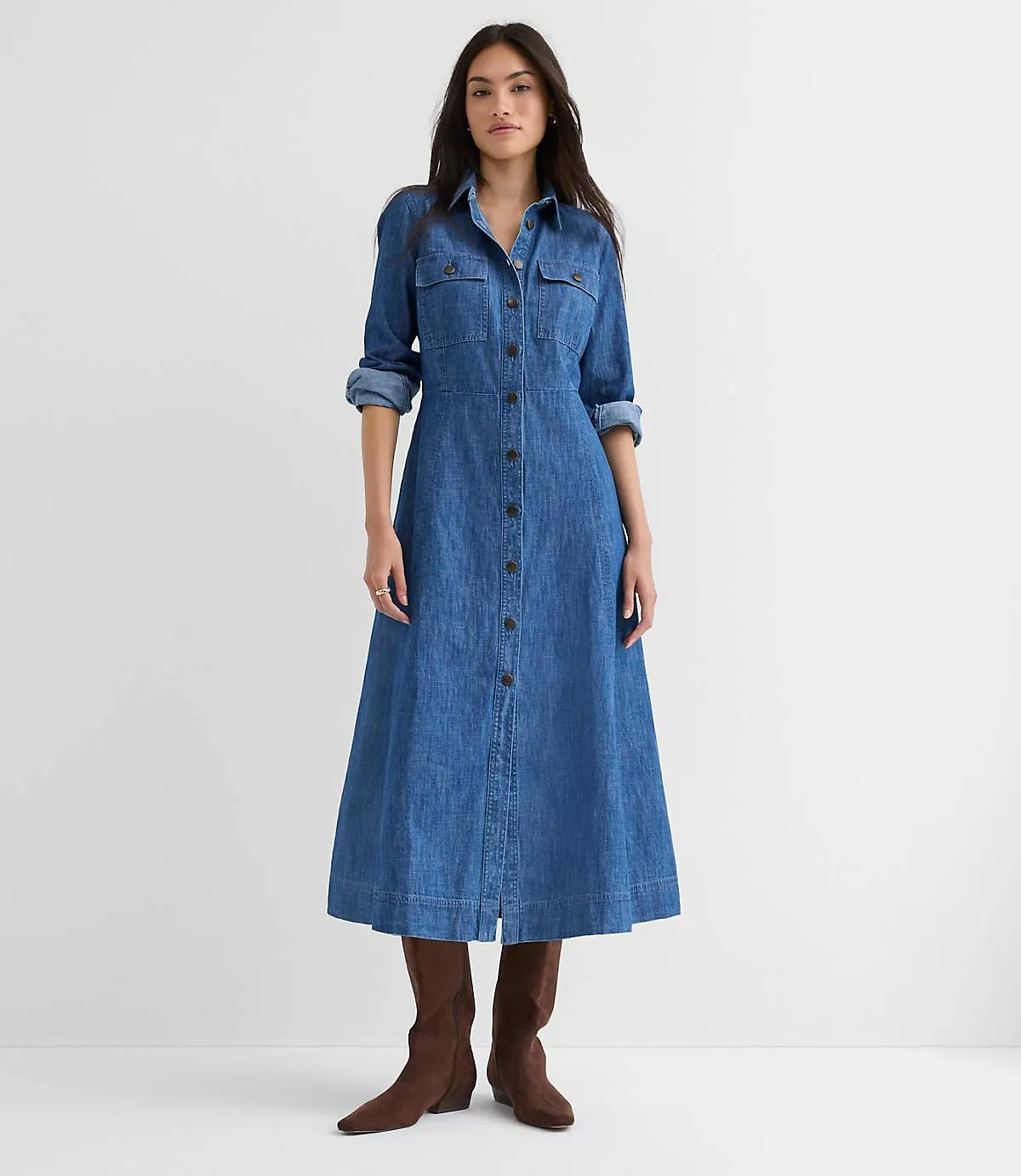Chambray Seamed Midi Pocket Shirtdress