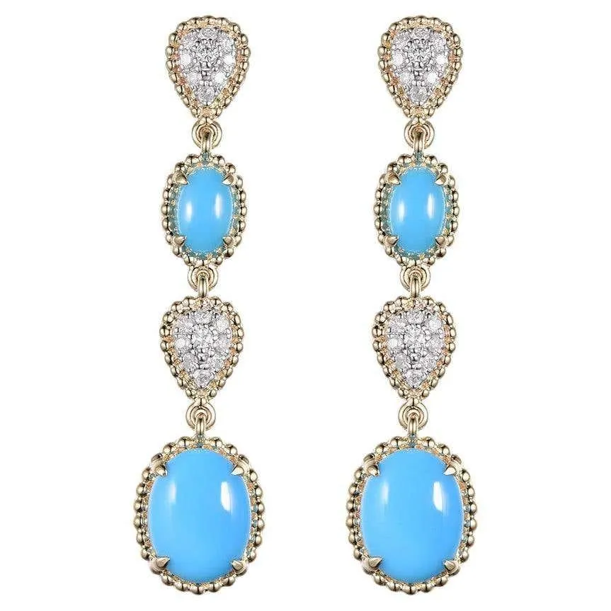 Vintage 4.77Ct Sleeping Beauty Turquoise Diamond Drop Earrings in 14K Gold