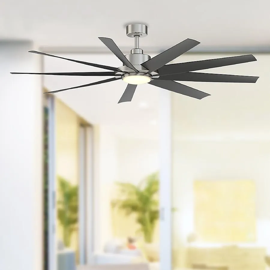 Fanimation Studio Collection SixtyFour 64-in Color-Changing Integrated LED Outdoor Brushed Nickel with Black Blades Ceiling Fan With Light - Remote Included ( 9 -Blade )
