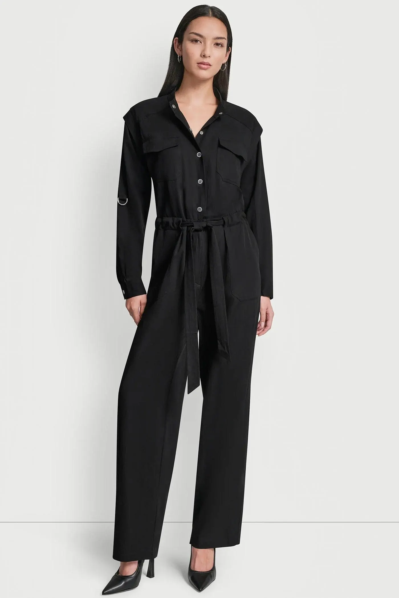 COLLARLESS BUTTON-FRONT JUMPSUIT