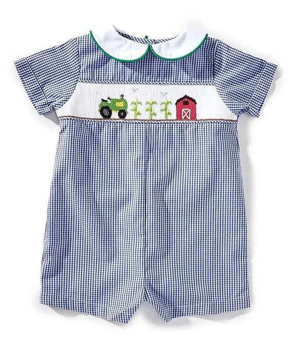 Baby Boys Short-Sleeve Smocked-Farm-Motif Checked Romper