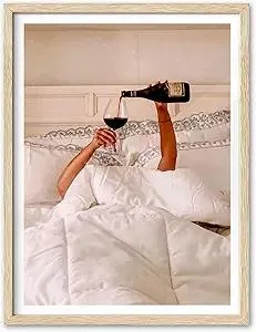 EcoHest Woman Drinking Wine in Bed Framed Wall Art, 12x16 in OAK Wood Feminist Alcohol Canvas Art, Trendy Teen Girl Bar Cart Print College Room Decor, Beige Logs Set of 1 For Bedroom Living Room