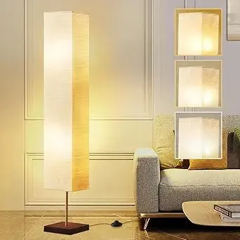 GyroVu Floor Lamp for Living Room, 3 Color Temperature Column Tall Lamp, Standing Lamp with Walnut Base Corner Floor Lamp for Bedroom, Office& Living Room-Beige(Bulbs Included)