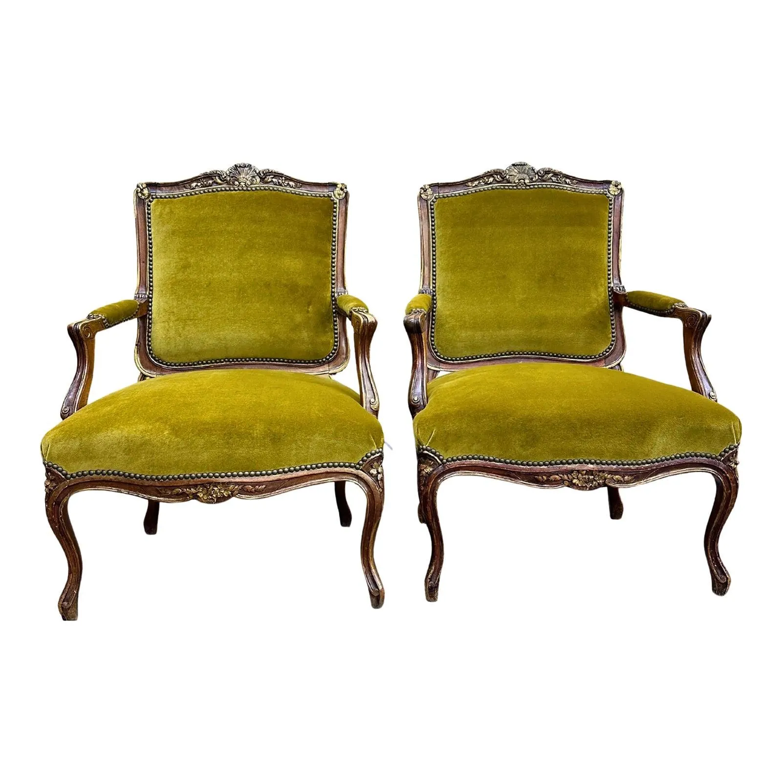 Louis XV Armchair Newly Upholstered Velvet and Schumacher Linen Pair