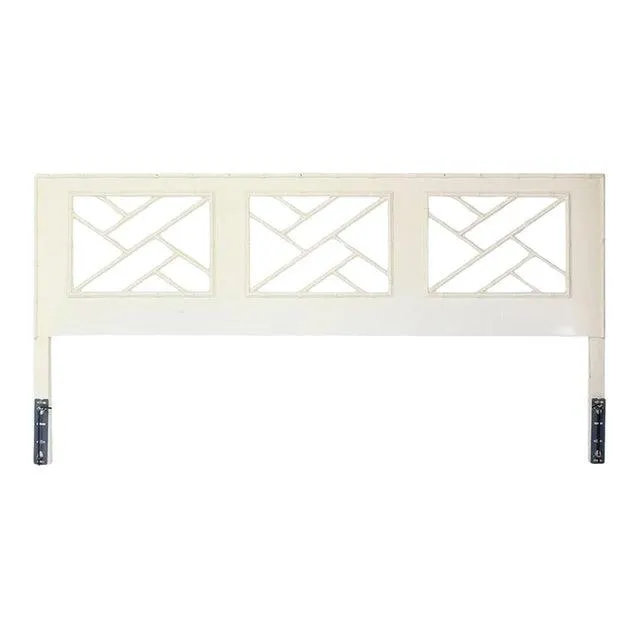 Faux Bamboo Mid Century Modern White Lacquer King Size Headboard Mirrored Back