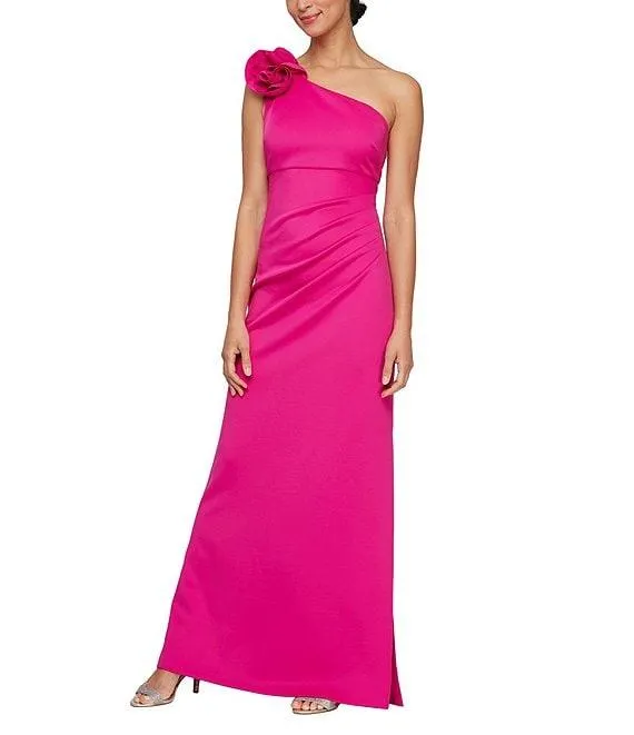 Petite Size One Shoulder Flower Detail Ruched Waist Long Sheath Dress