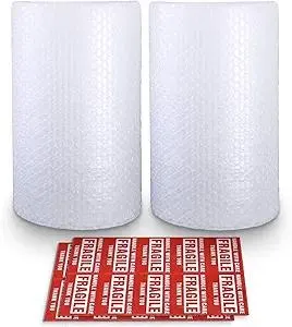 Bubble Cushioning Wrap Rolls, 3/16" x 12" x 72' ft Total [2 Rolls of 36 Feet] Perforated Every 12", 20 Fragile Stickers for Packaging, Shipping, Mailing