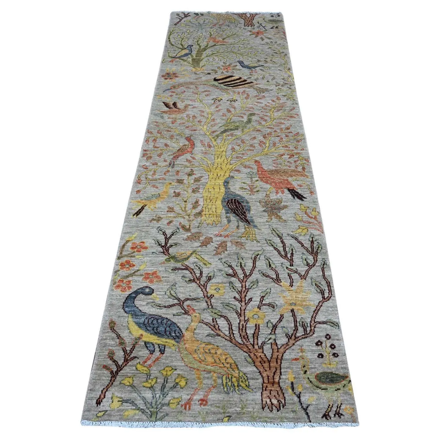 2'9"x9'8" Gray Peshawar Birds Paradise Hand Knotted Wool Runner Oriental Rug